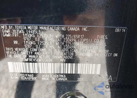 2014 Toyota Rav4 Xle z USA, uszkodzony, nr VIN 2T3WFREV5EW123698